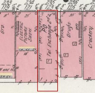 April 1914 Sanborn fire insurance map detail with the lot at today&rsquo;s 127 Market St. E. outlined in red; the map labels it: post office
