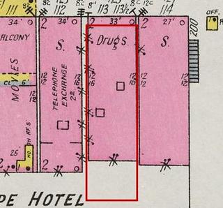 September 1926 Sanborn fire insurance map detail with the lot at today&rsquo;s 129 Market St. E. outlined in red; the map labels it: drugstore