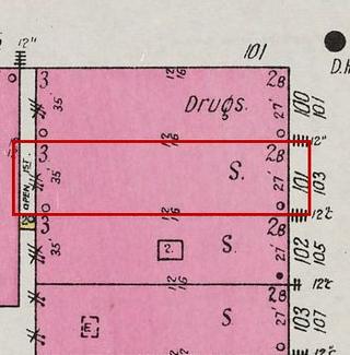 September 1926 Sanborn fire insurance map detail with the lot at today&rsquo;s 103 Main Ave. S. outlined in red; the map labels it: store