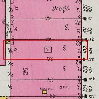 September 1926 Sanborn fire insurance map detail with the lot at today&rsquo;s 105 Main Ave. S. outlined in red; the map labels it: store