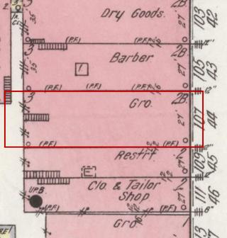April 1914 Sanborn fire insurance map detail with the lot at today&rsquo;s 109 Main Ave. S. outlined in red; the map labels it: grocery