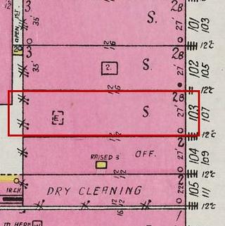 September 1926 Sanborn fire insurance map detail with the lot at today&rsquo;s 109 Main Ave. S. outlined in red; the map labels it: store