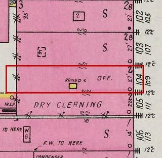 September 1926 Sanborn fire insurance map detail with the lot at today&rsquo;s 111 Main Ave. S. outlined in red; the map labels it: office