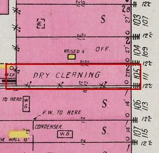 September 1926 Sanborn fire insurance map detail with the lot at today&rsquo;s 113 Main Ave. S. outlined in red; the map labels it: dry cleaner