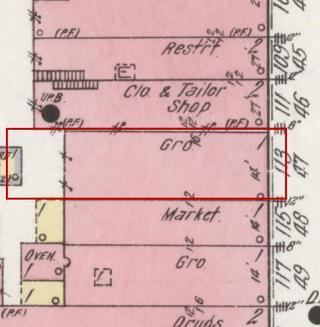 April 1914 Sanborn fire insurance map detail with the lot at today&rsquo;s 115 Main Ave. S. outlined in red; the map labels it: grocery