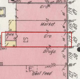April 1914 Sanborn fire insurance map detail with the lot at today&rsquo;s 119 Main Ave. S. outlined in red; the map labels it: grocery