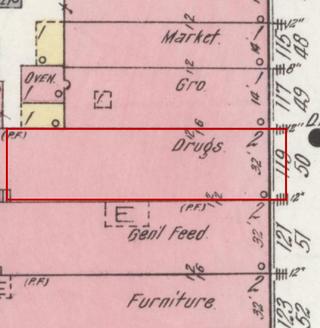 April 1914 Sanborn fire insurance map detail with the lot at today&rsquo;s 121 Main Ave. S. (storefront 1 of 2) outlined in red; the map labels it: drugstore