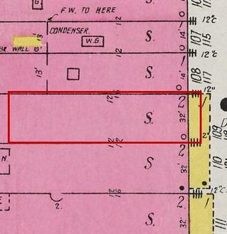 September 1926 Sanborn fire insurance map detail with the lot at today&rsquo;s 121 Main Ave. S. (storefront 1 of 2) outlined in red; the map labels it: store