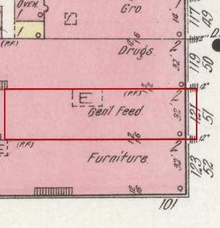 April 1914 Sanborn fire insurance map detail with the lot at today&rsquo;s 121 Main Ave. S. (storefront 2 of 2) outlined in red; the map labels it: feed store