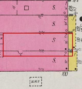 September 1926 Sanborn fire insurance map detail with the lot at today&rsquo;s 121 Main Ave. S. (storefront 2 of 2) outlined in red; the map labels it: store