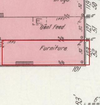 April 1914 Sanborn fire insurance map detail with the lot at today&rsquo;s 125 Main Ave. S. outlined in red; the map labels it: furniture