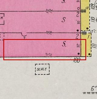 September 1926 Sanborn fire insurance map detail with the lot at today&rsquo;s 125 Main Ave. S. outlined in red; the map labels it: store