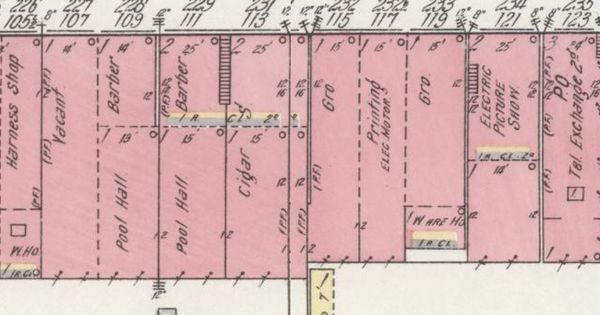 Detail of the April 1914 Sanborn fire insurance map of the south side of the square, Market St. E.: pink brick storefronts labeled Barber, Pool Hall, Cigar, Gro., Printing and Electric Picture Show