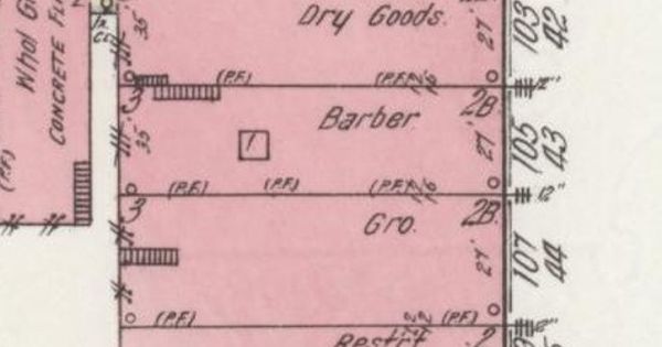 Detail of the April 1914 Sanborn fire insurance map of the west side of the square, Main Ave. S.: pink brick storefronts labeled Dry Goods, Barber and Gro.